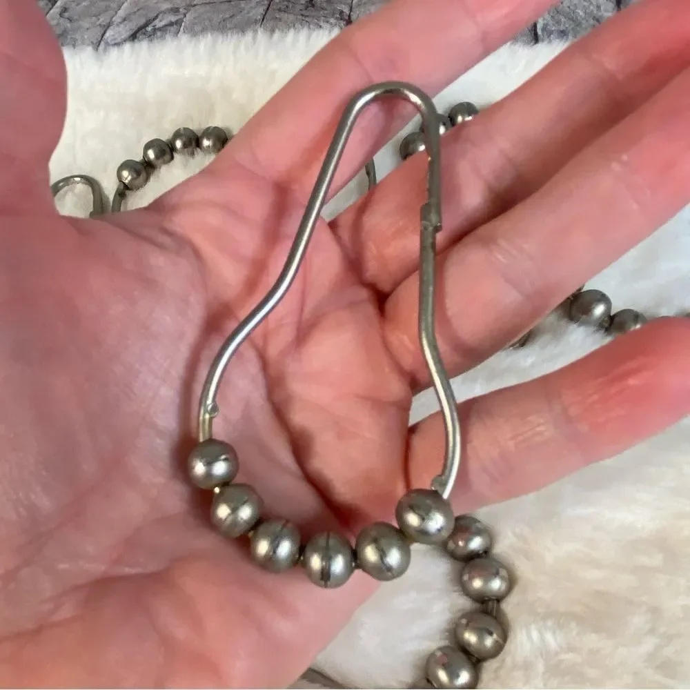 Shower Curtain Rings 12 Piece Set Stainless Steel Hooks Silver Beaded Hooks